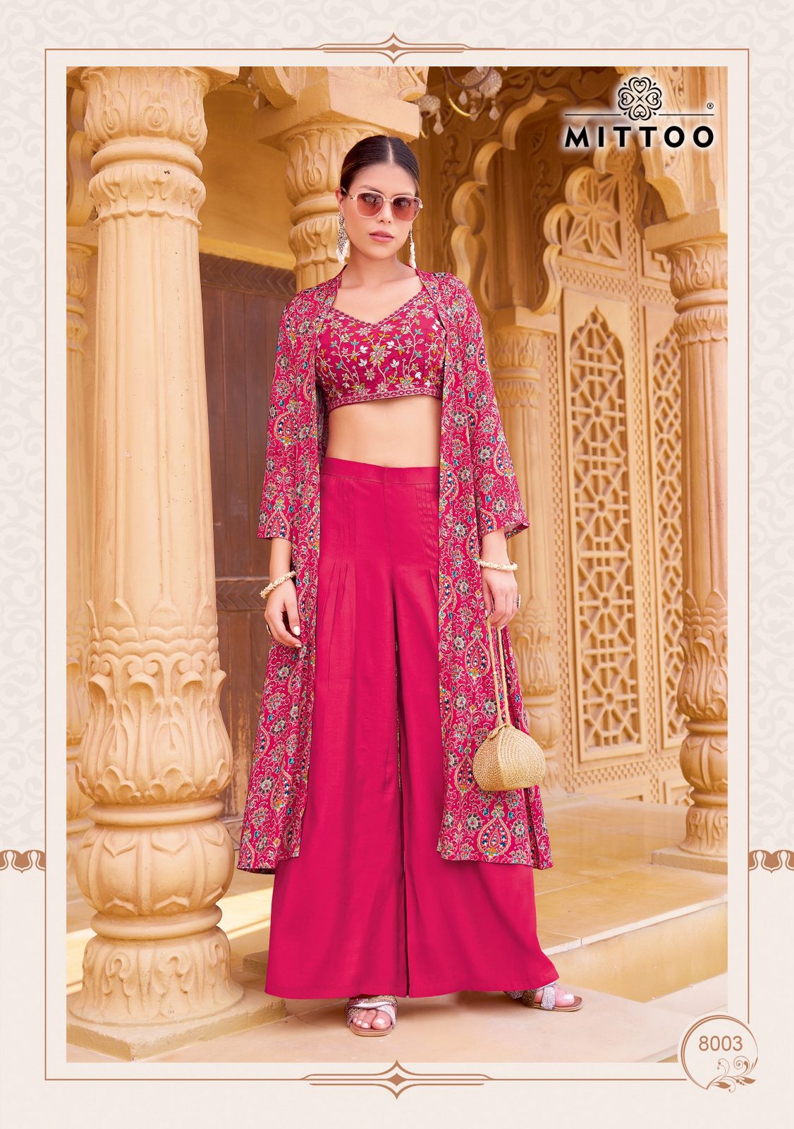 Zubeda Mittoo Roman Silk Crop Top Shurg Palazzo Set Exporter