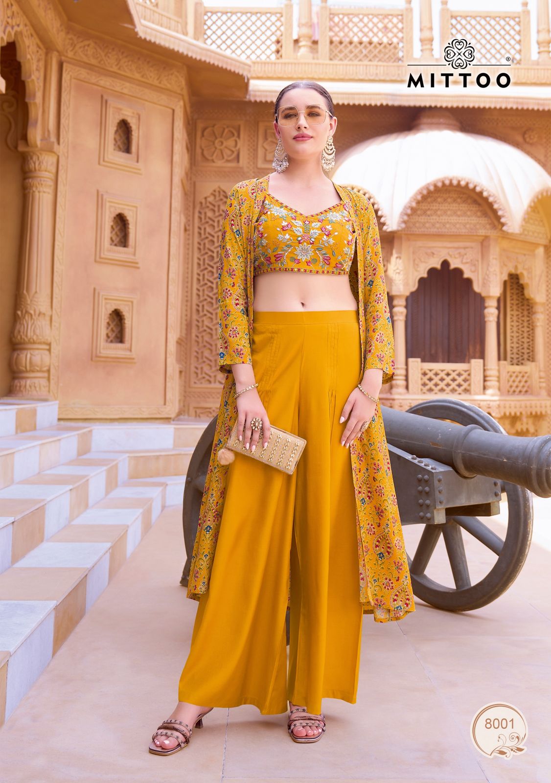 Zubeda Mittoo Roman Silk Crop Top Shurg Palazzo Set Exporter