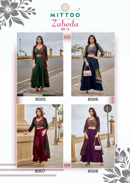 Zubeda Vol 2 Mittoo Roman Silk Crop Top Shurg Palazzo Set Wholesale
