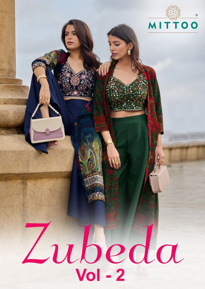 Zubeda Vol 2 Mittoo Roman Silk Crop Top Shurg Palazzo Set Wholesale