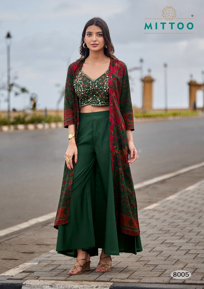Zubeda Vol 2 Mittoo Roman Silk Crop Top Shurg Palazzo Set Wholesale
