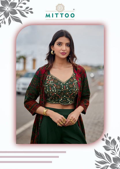 Zubeda Vol 2 Mittoo Roman Silk Crop Top Shurg Palazzo Set Wholesale