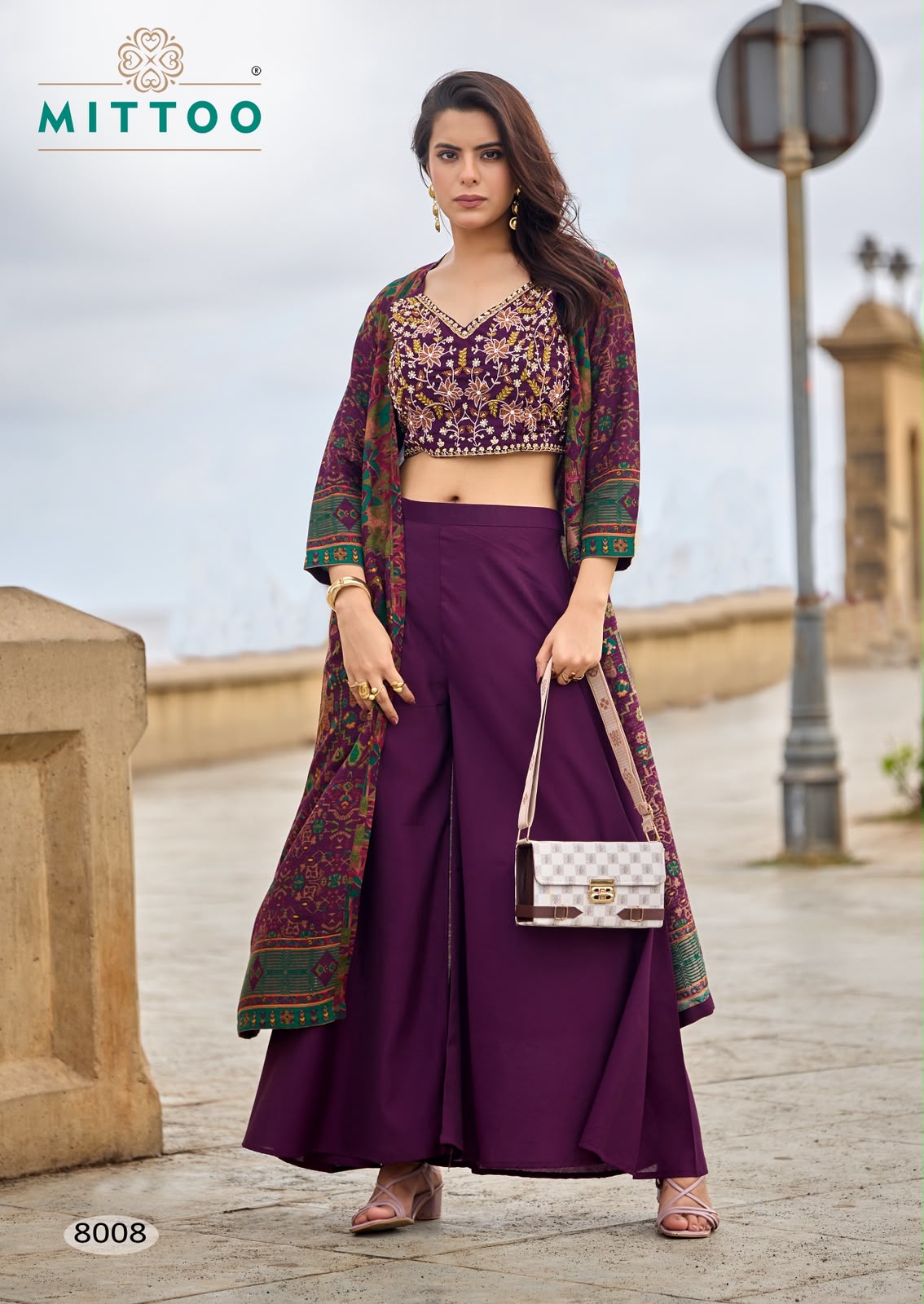 Zubeda Vol 2 Mittoo Roman Silk Crop Top Shurg Palazzo Set Wholesale