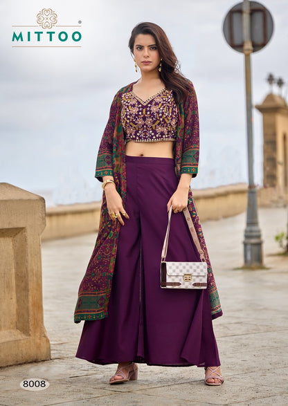 Zubeda Vol 2 Mittoo Roman Silk Crop Top Shurg Palazzo Set Wholesale