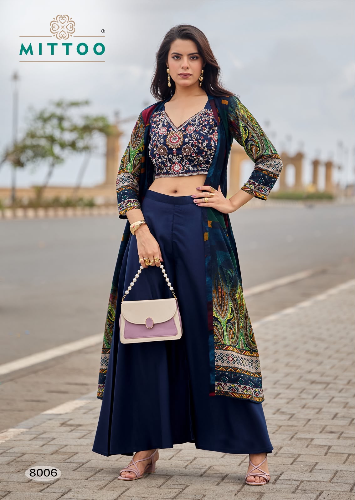 Zubeda Vol 2 Mittoo Roman Silk Crop Top Shurg Palazzo Set Wholesale