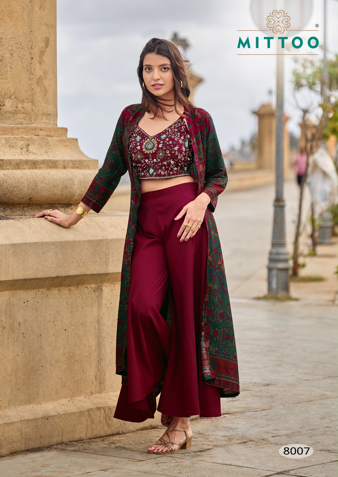 Zubeda Vol 2 Mittoo Roman Silk Crop Top Shurg Palazzo Set Wholesale