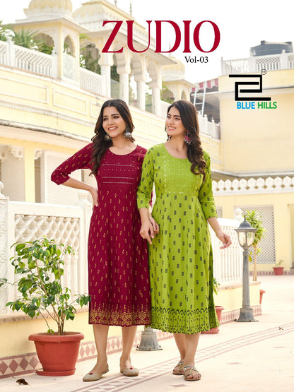 Zudio Vol 3 Blue Hills Rayon 14Kg Anarkali Kurtis Wholesale Price