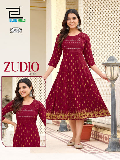 Zudio Vol 3 Blue Hills Rayon 14Kg Anarkali Kurtis Wholesale Price