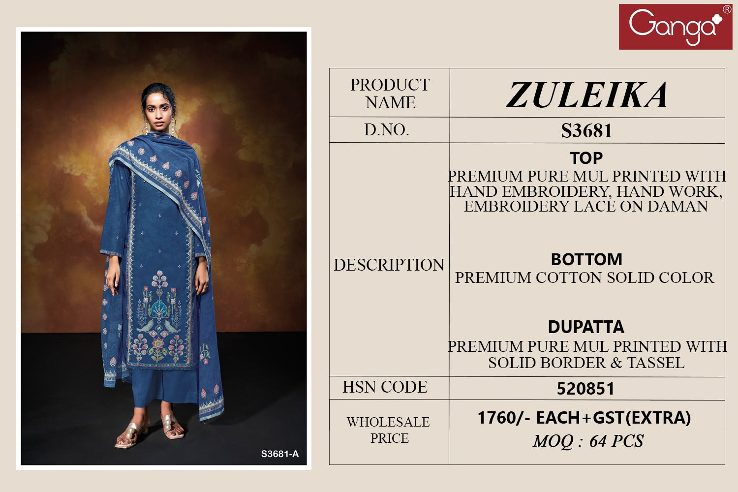 Zuleika 3681 Ganga Mul Plazzo Style Suits Exporter India