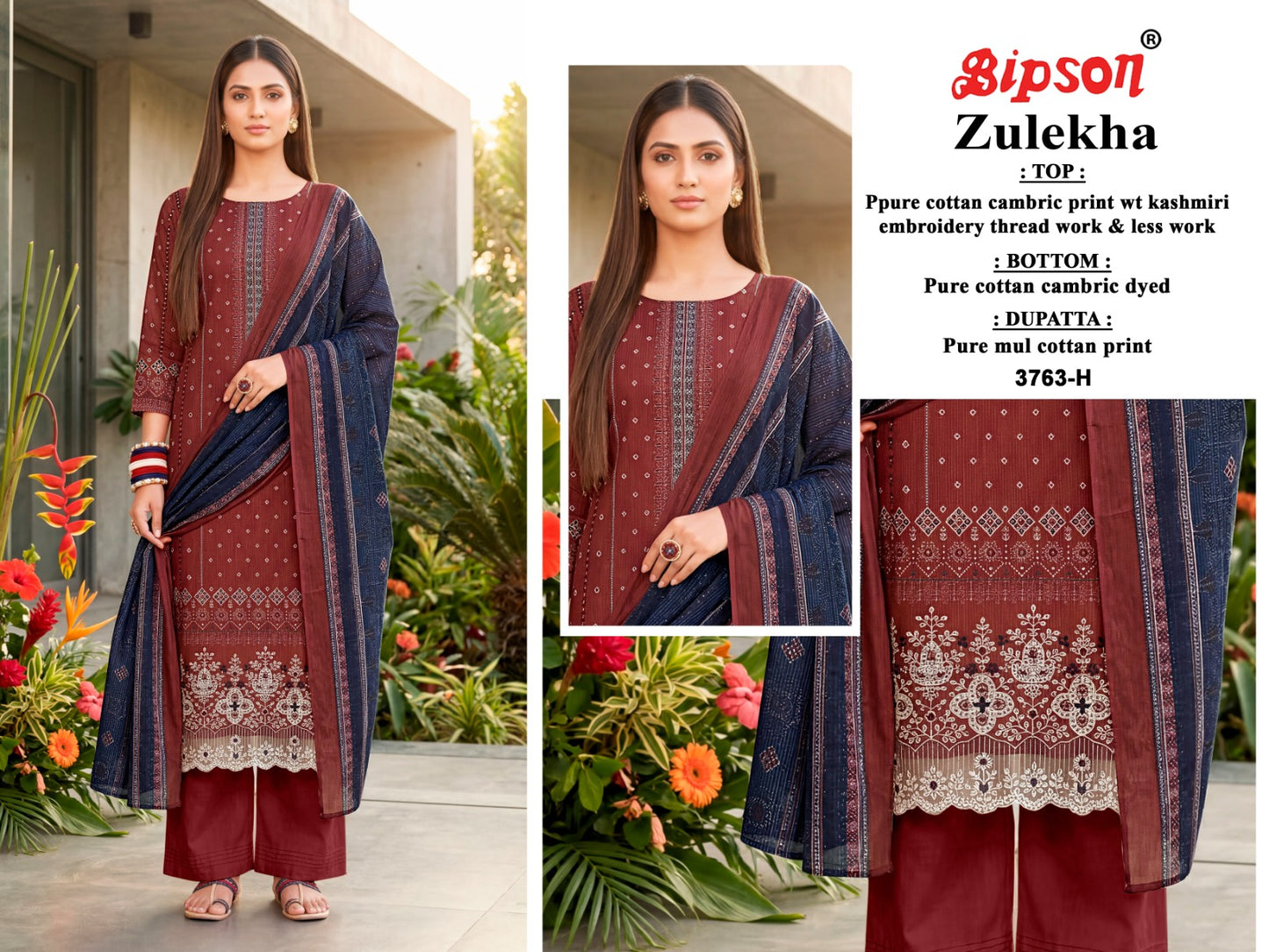 Zulekha 3763 Bipson Prints Cotton Cambric Pant Style Suits Exporter Gujarat