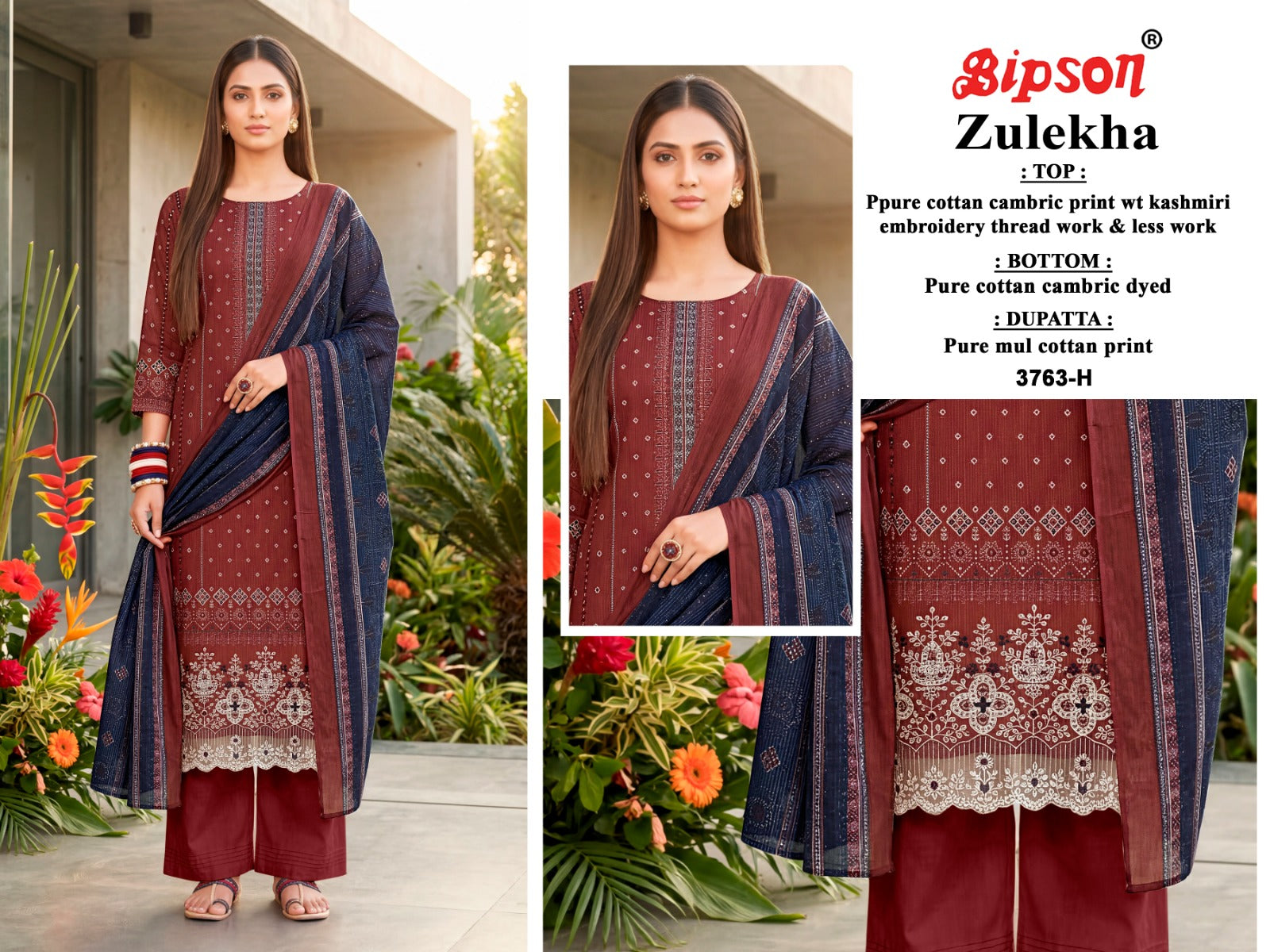 Zulekha 3763 Bipson Prints Cotton Cambric Pant Style Suits Exporter Gujarat