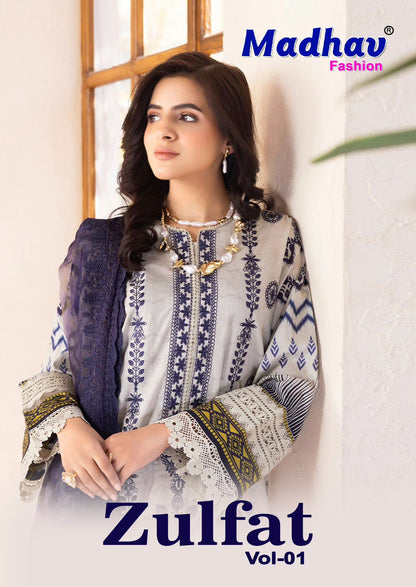 Zulfat Vol 1 Madhav Fashion Lawn Cotton Karachi Readymade Suits Manufacturer Ahmedabad
