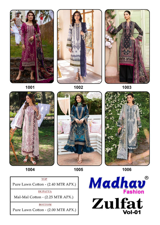 Zulfat Vol 1 Madhav Fashion Lawn Cotton Karachi Salwar Suits Wholesale Price