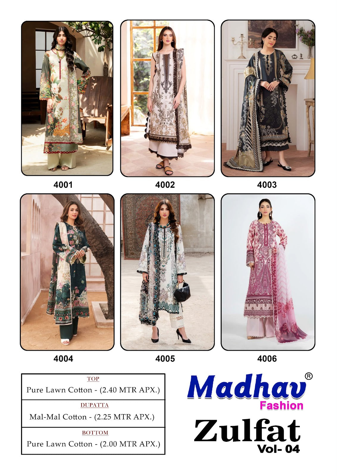 Zulfat Vol 4 Madhav Fashion Lawn Cotton Karachi Salwar Suits Exporter
