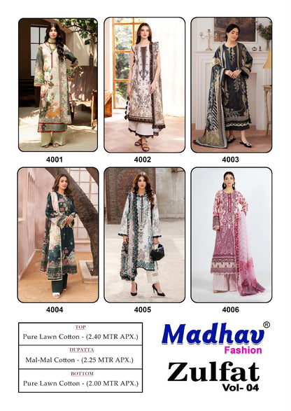 Zulfat Vol 4 Madhav Fashion Lawn Cotton Karachi Salwar Suits Exporter