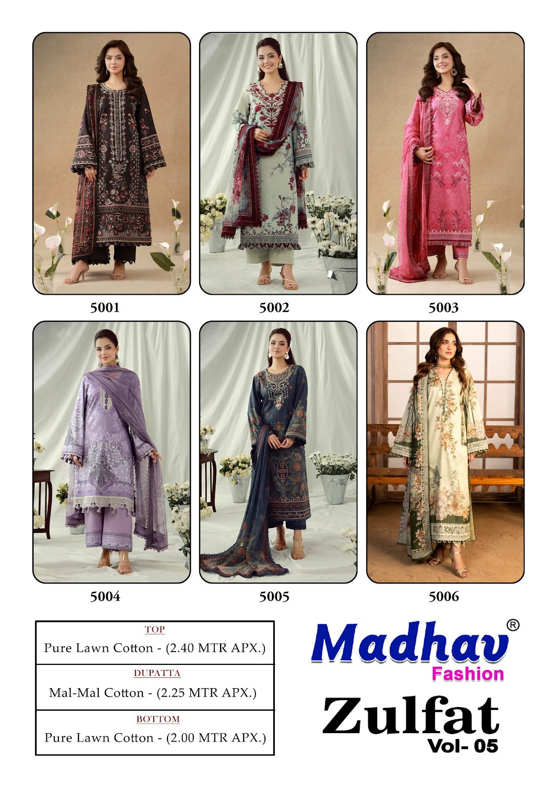 Zulfat Vol 5 Madhav Fashion Lawn Cotton Karachi Salwar Suits Wholesale Rate