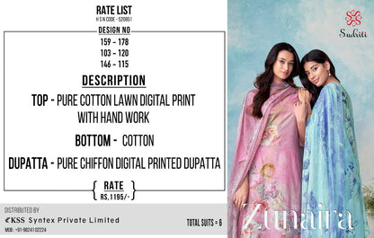 Zunaira Sudriti Sahiba Pure Cotton Pant Style Suits Wholesale