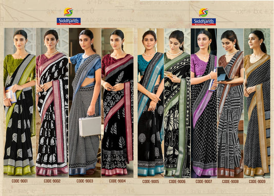 Black Mulmul Print Siddhanth Khadi Cotton Sarees Manufacturer India