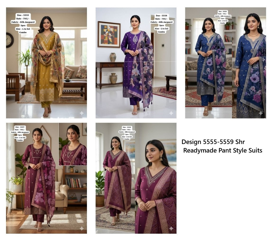 Design 5555-5559 Shr Silk Jacquard Readymade Pant Style Suits Supplier Gujarat