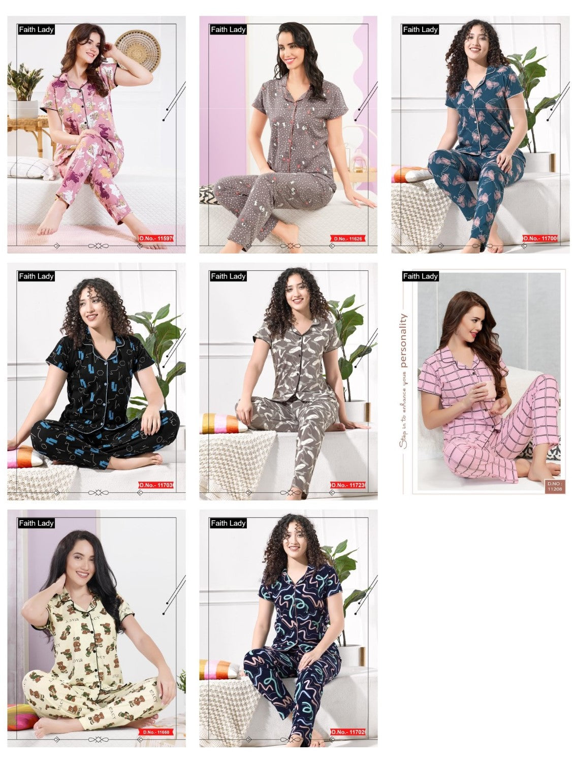Front Open 1115 Faith Lady Hosiery Cotton Collar Night Suits Wholesale Price