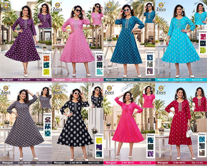 Mangeet 0608 Zoya Rayon Anarkali Kurtis Supplier Gujarat