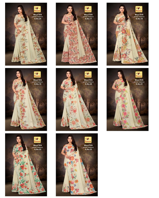 Maya Silk Cream Vinamra Cotton Silk Sarees Exporter India