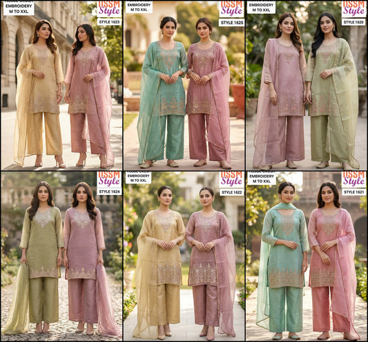 Style 1620-1625 Ossm Tissue Readymade Plazzo Style Suits Exporter