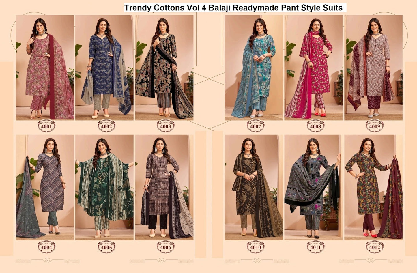 Trendy Cottons Vol 4 Balaji Readymade Pant Style Suits Supplier Gujarat