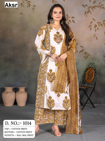 Design 1014 Aksr Cotton Readymade Plazzo Style Suits Wholesale