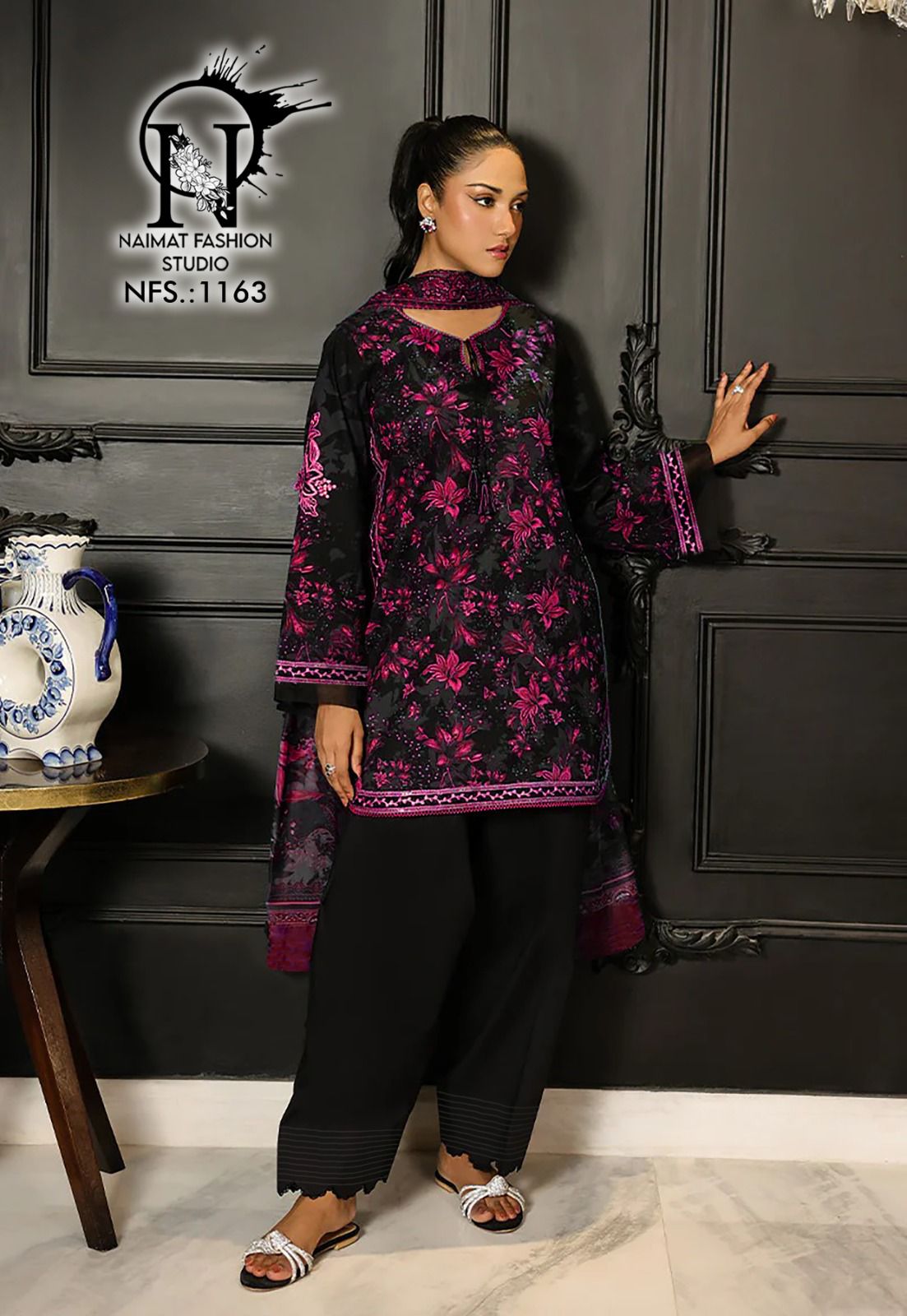 Nfs 1163 Naimat Fashion Studio Satin Pakistani Readymade Suits Wholesale Rate
