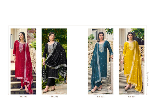 101-104 Soaum Viscose Muslin Readymade Pant Style Suits