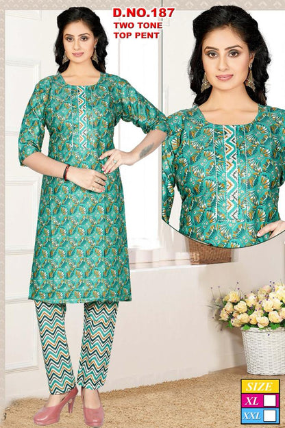 10124 Mahakal Two Tone Kurti Pant Set