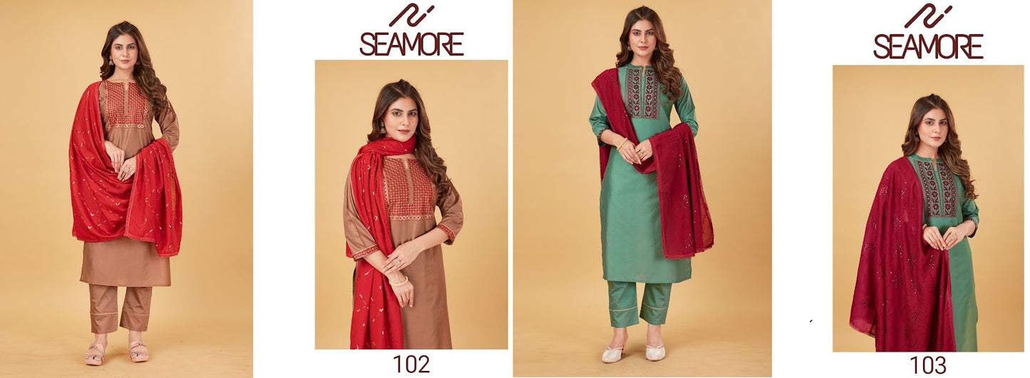102-103 Seamore Viscose Chanderi Readymade Pant Style Suits