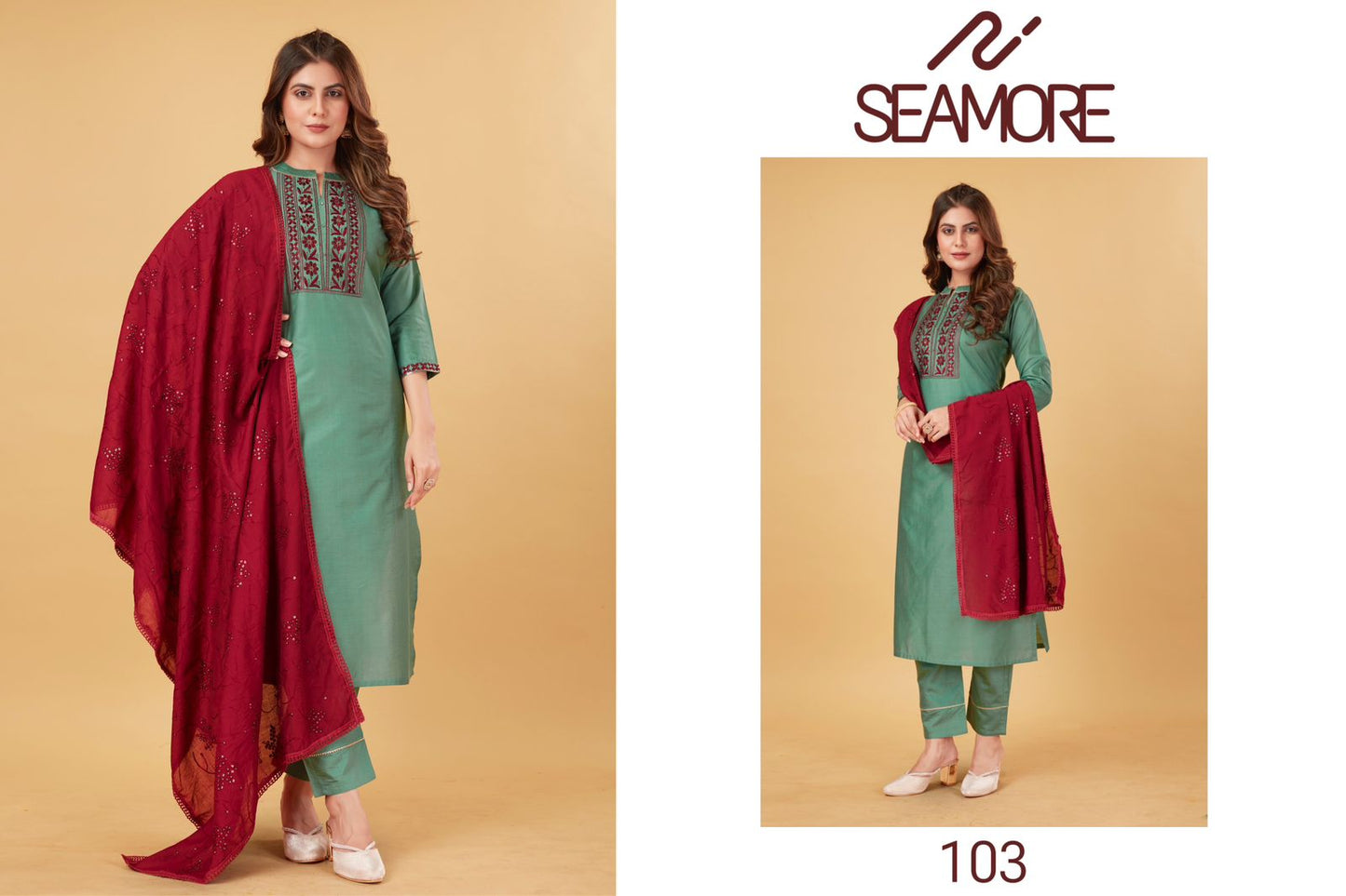 102-103 Seamore Viscose Chanderi Readymade Pant Style Suits