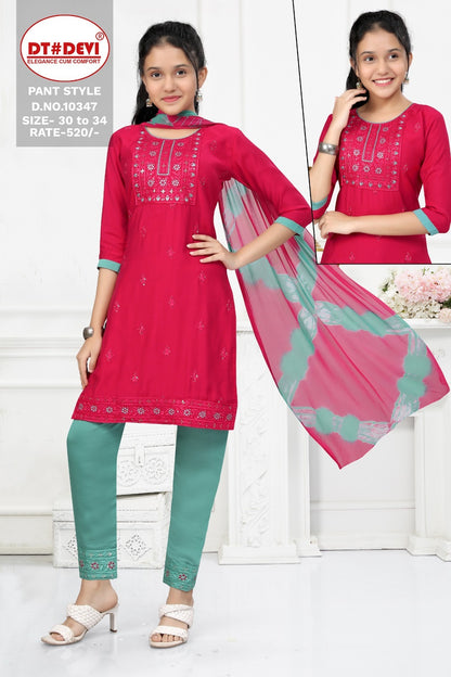 10347 Dt Devi Silk Girls Readymade Pant Suits
