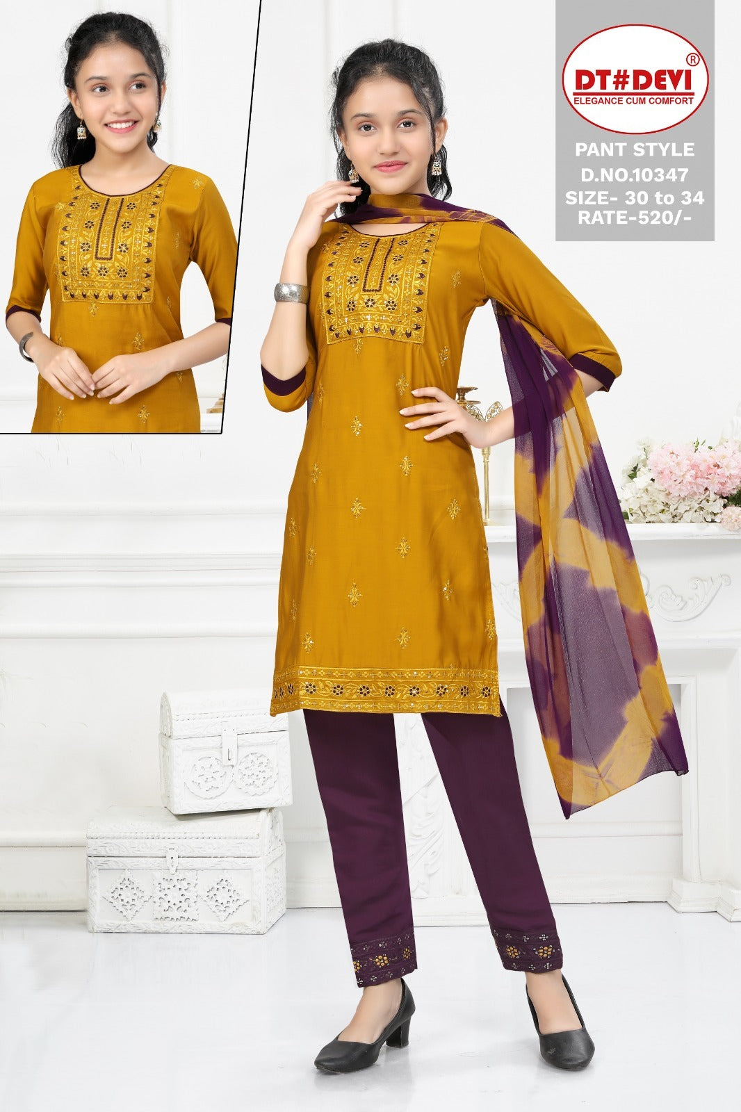 10347 Dt Devi Silk Girls Readymade Pant Suits