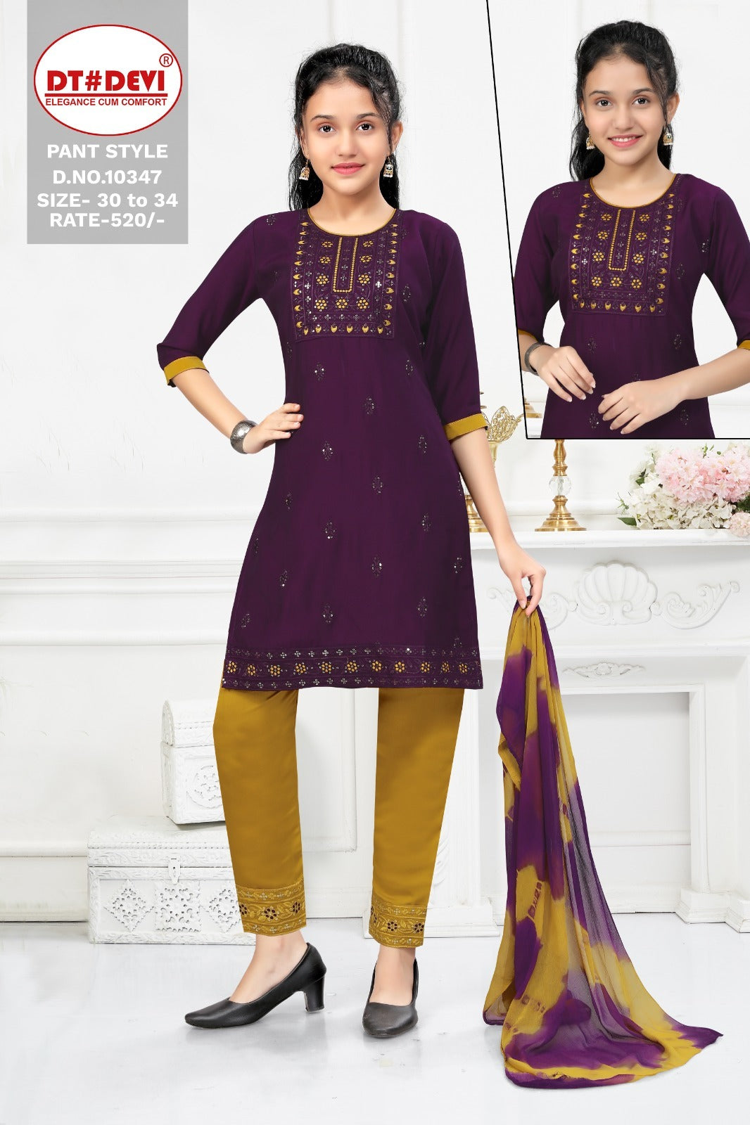 10347 Dt Devi Silk Girls Readymade Pant Suits