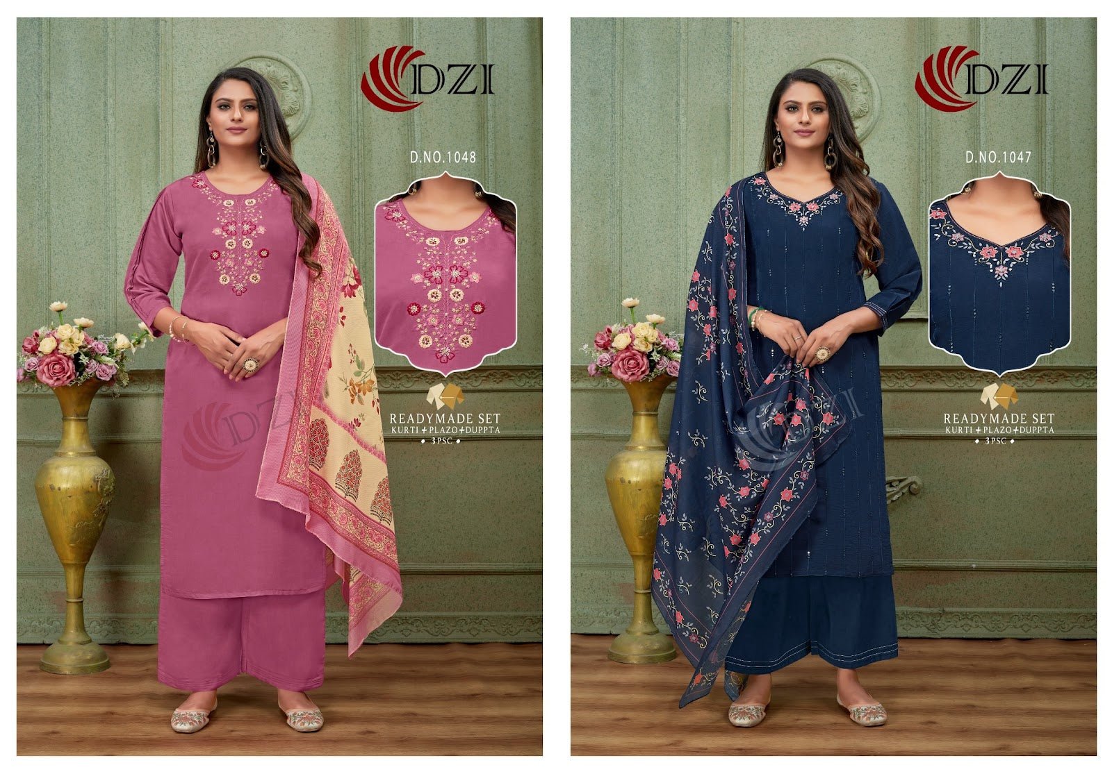1047-1048 Dzi Roman Silk Readymade Plazzo Style Suits