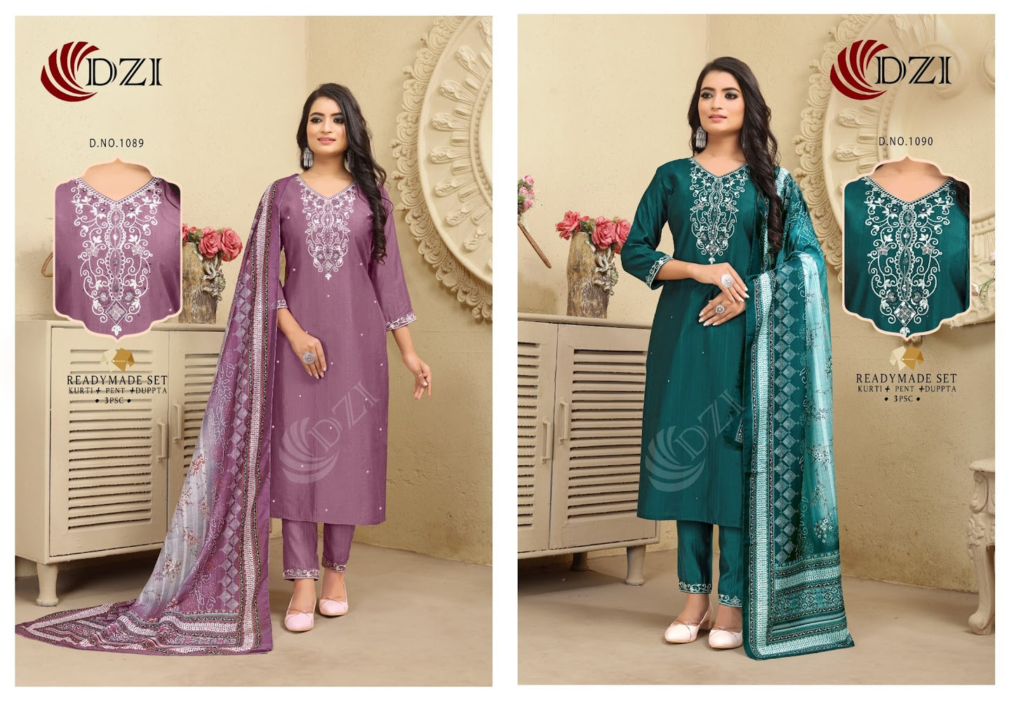 1089-1090 Dzi Roman Silk Readymade Pant Style Suits