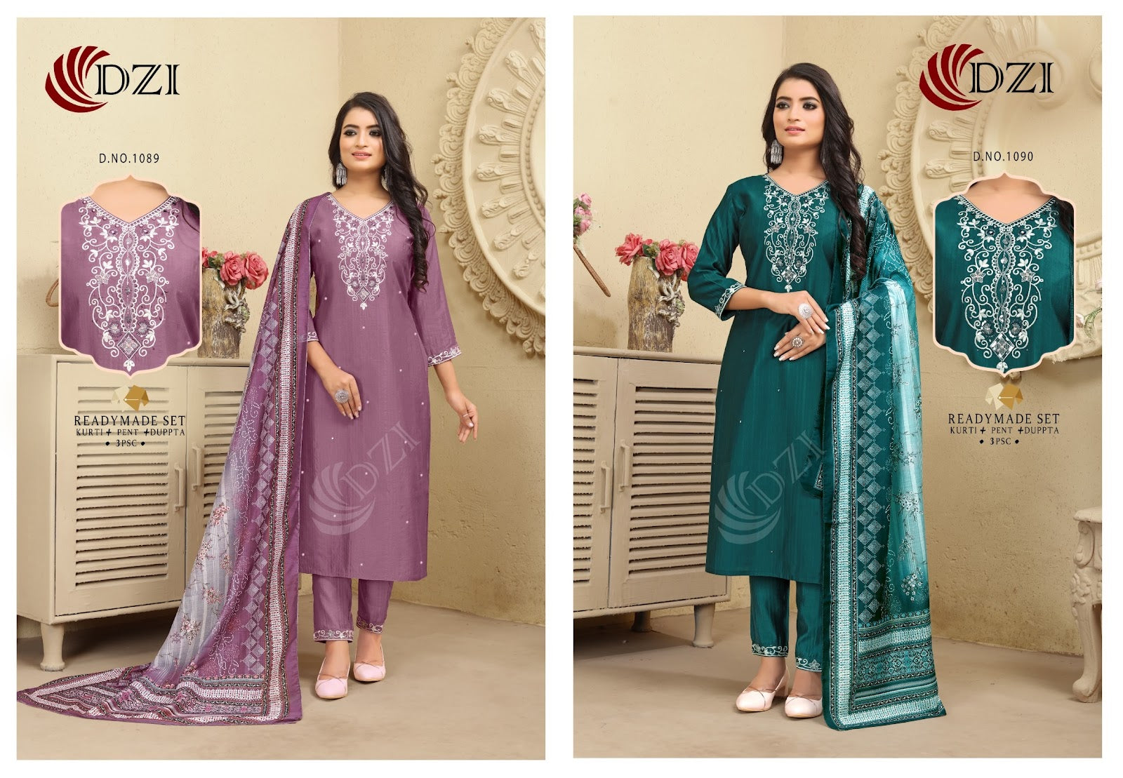 1089-1090 Dzi Roman Silk Readymade Pant Style Suits