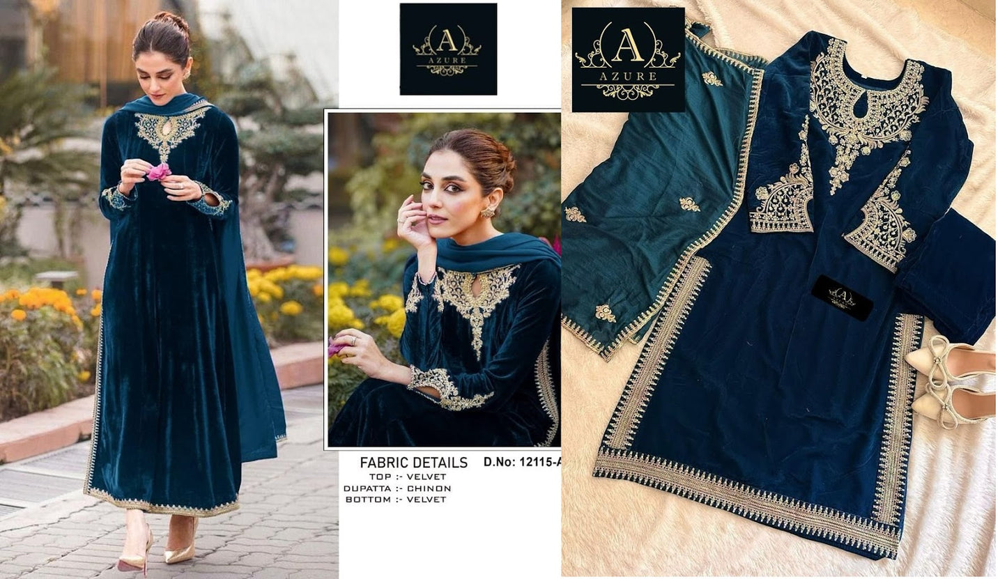 12115 Azure Velvet Pakistani Salwar Suits