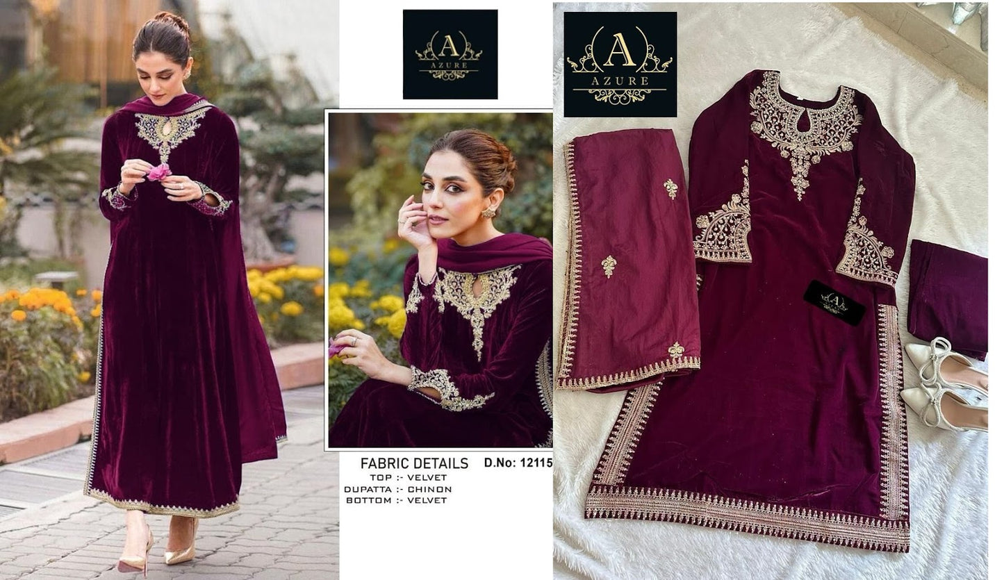 12115 Azure Velvet Pakistani Salwar Suits