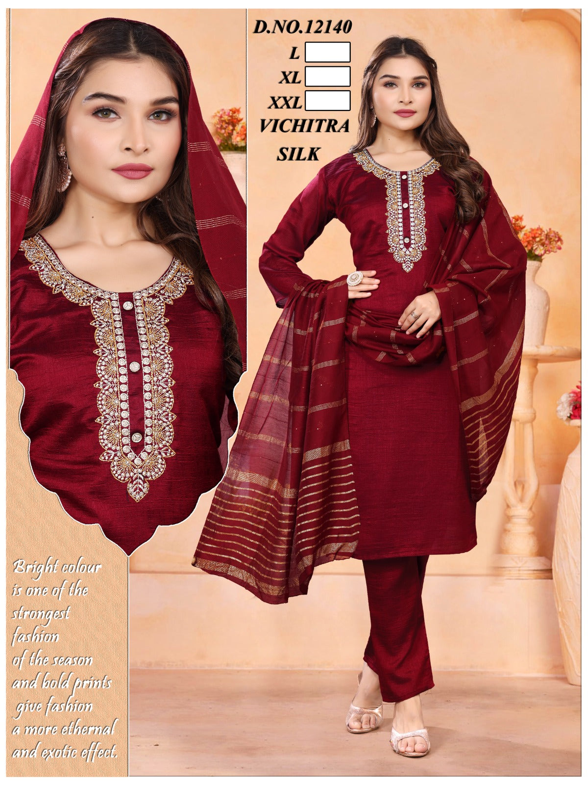 12138-39-40 Kh Vichitra Silk Readymade Pant Style Suits