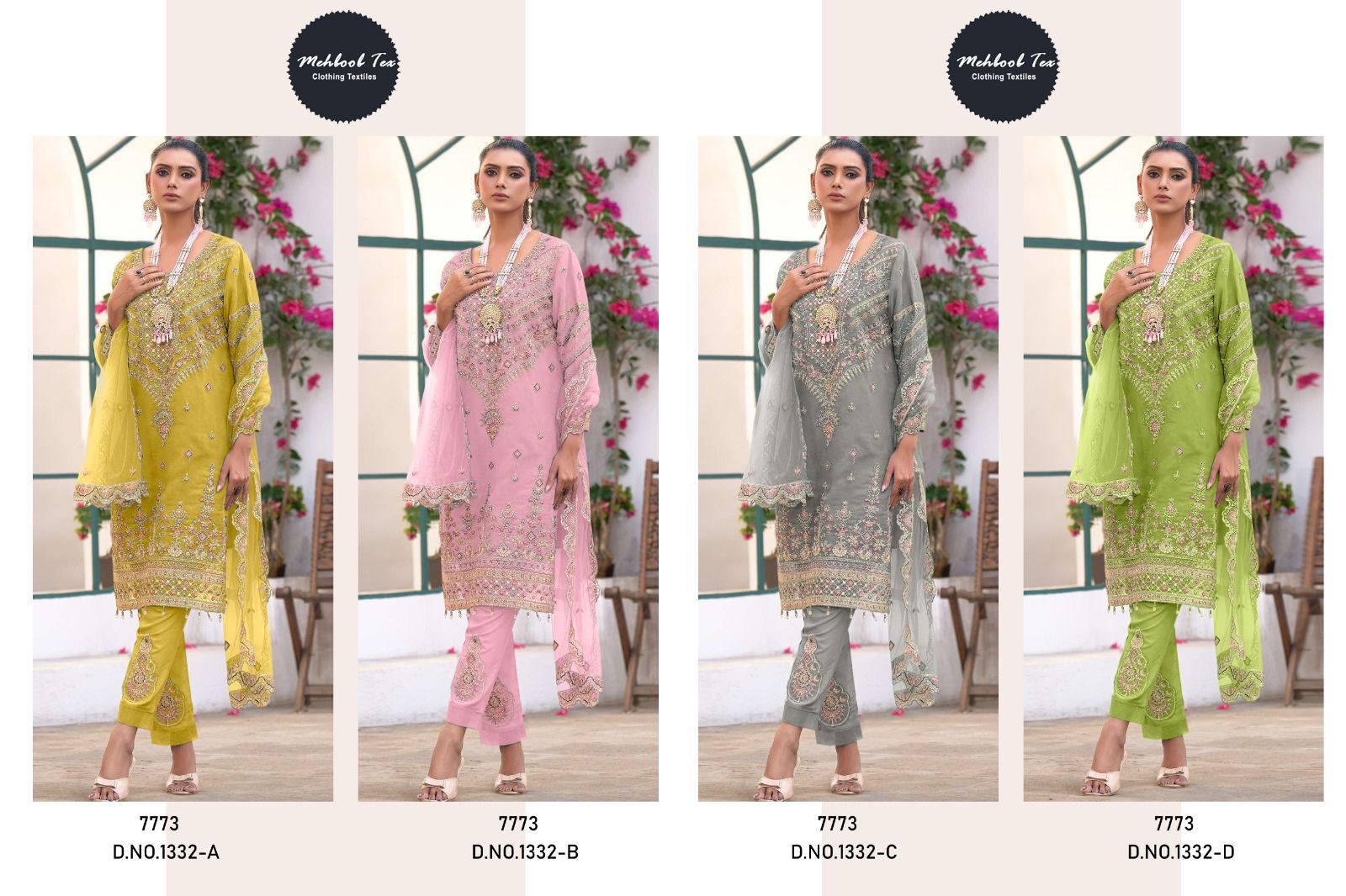 1332 Mehboob Tex Organza Pakistani Salwar Suits