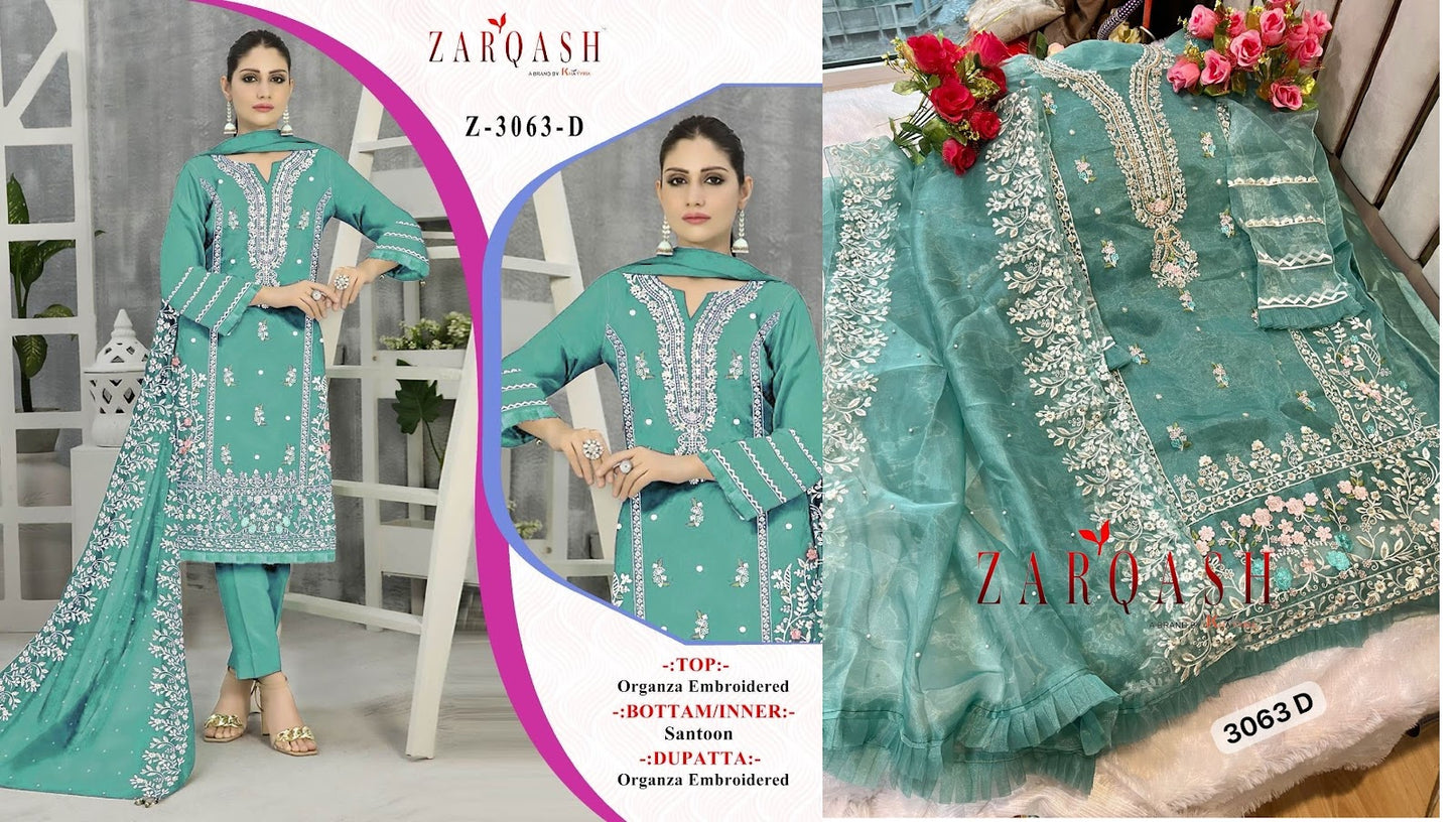 3063 Zarqash Organza Pakistani Salwar Suits