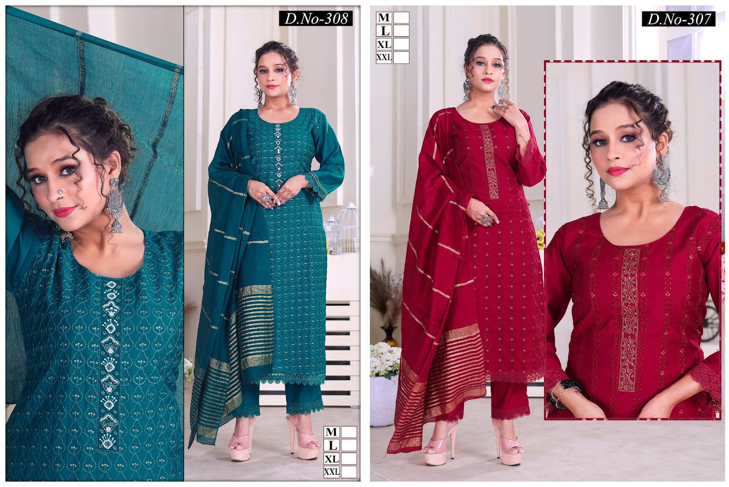 307-308 Ladli Roman Silk Readymade Pant Style Suits