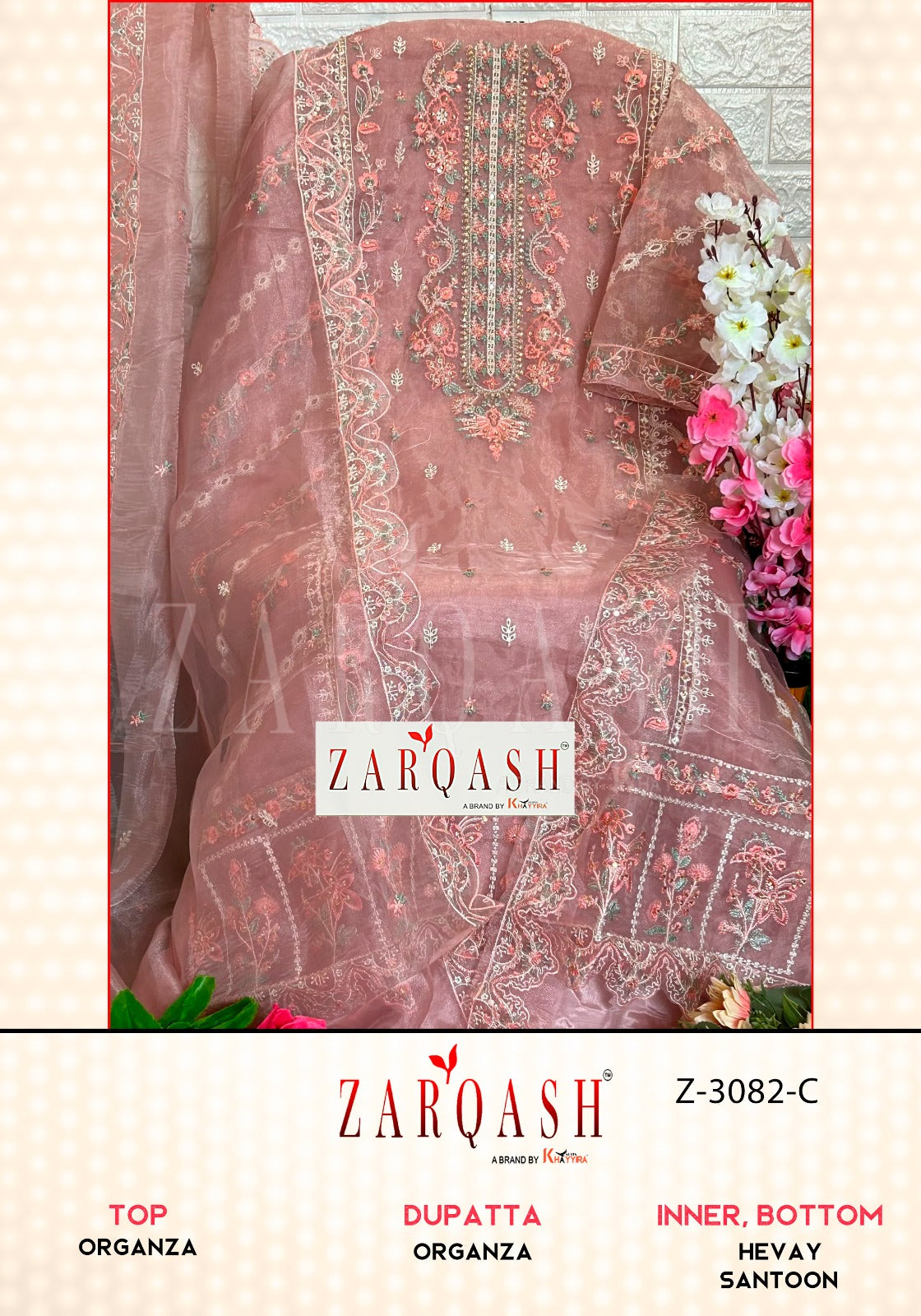 3082 Zarqash Organza Pakistani Patch Work Suits