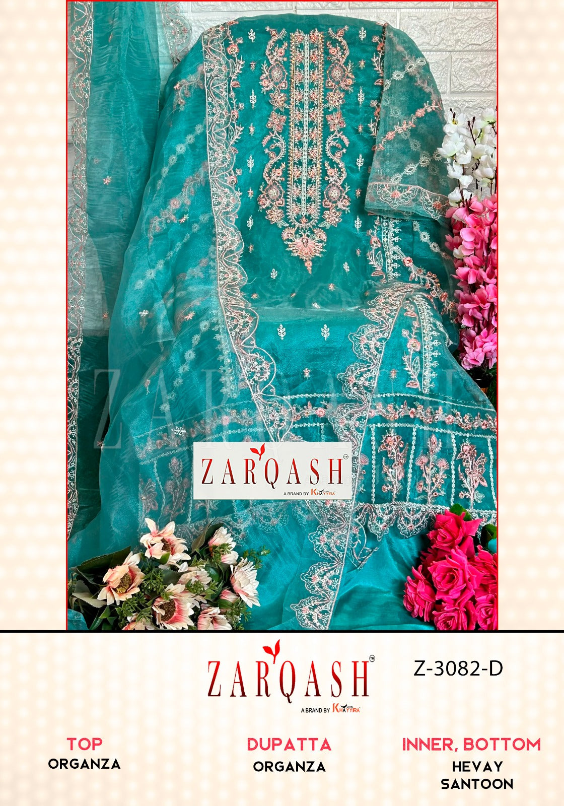3082 Zarqash Organza Pakistani Patch Work Suits