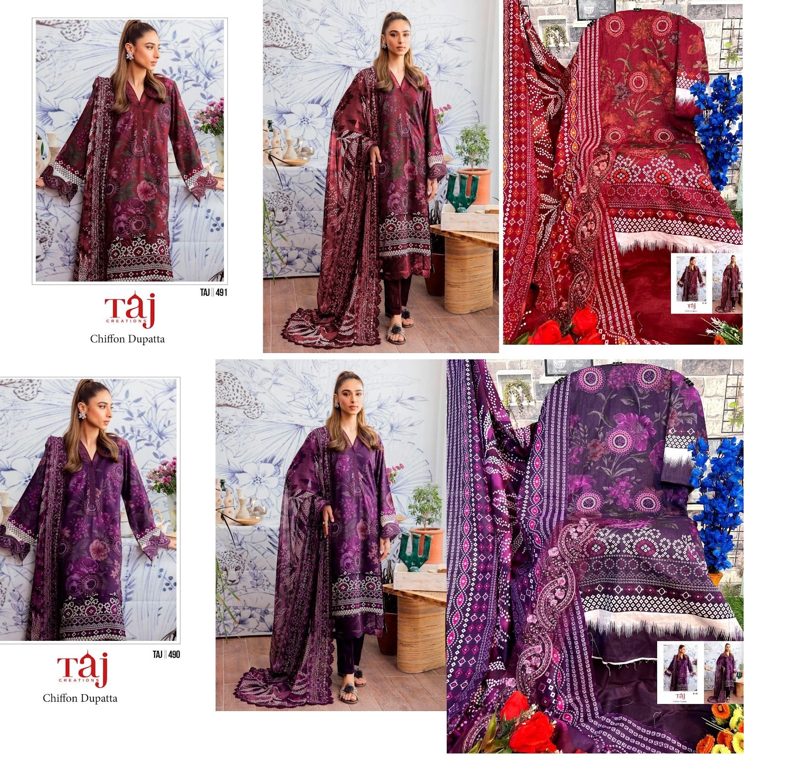 490-491 Taj Creations Cotton Pakistani Patch Work Suits