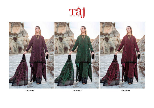 492-493-494 Taj Creations Pure Cotton Pakistani Patch Work Suits